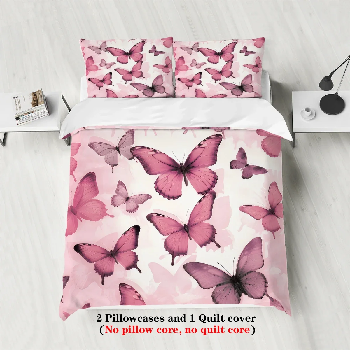 1 quilt cover + 2 pillowcases, coreless pink butterfly element printed bedding set, multiple sizes，Three-piece set