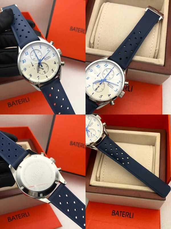 High Quality Japanese Chronograph VK Quartz Movement Stainless Steel Silver Case Blue Rubber Strap Men Watch Free Shipping