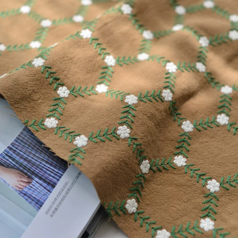 

Linen-cotton Fabric Sand Washing Hexagonal Flower Embroidery Washed Fabric