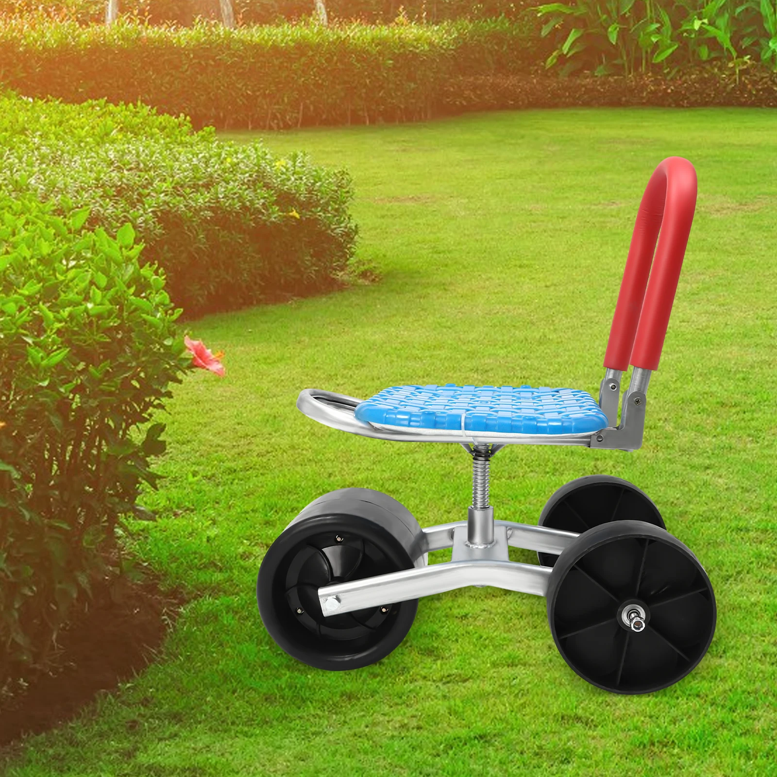 

Steel Black Garden Cart Rolling Seat, 360° Swivel & Adjustable Height with Lockable Wheels for Outdoor Lawn & Yard Gardening