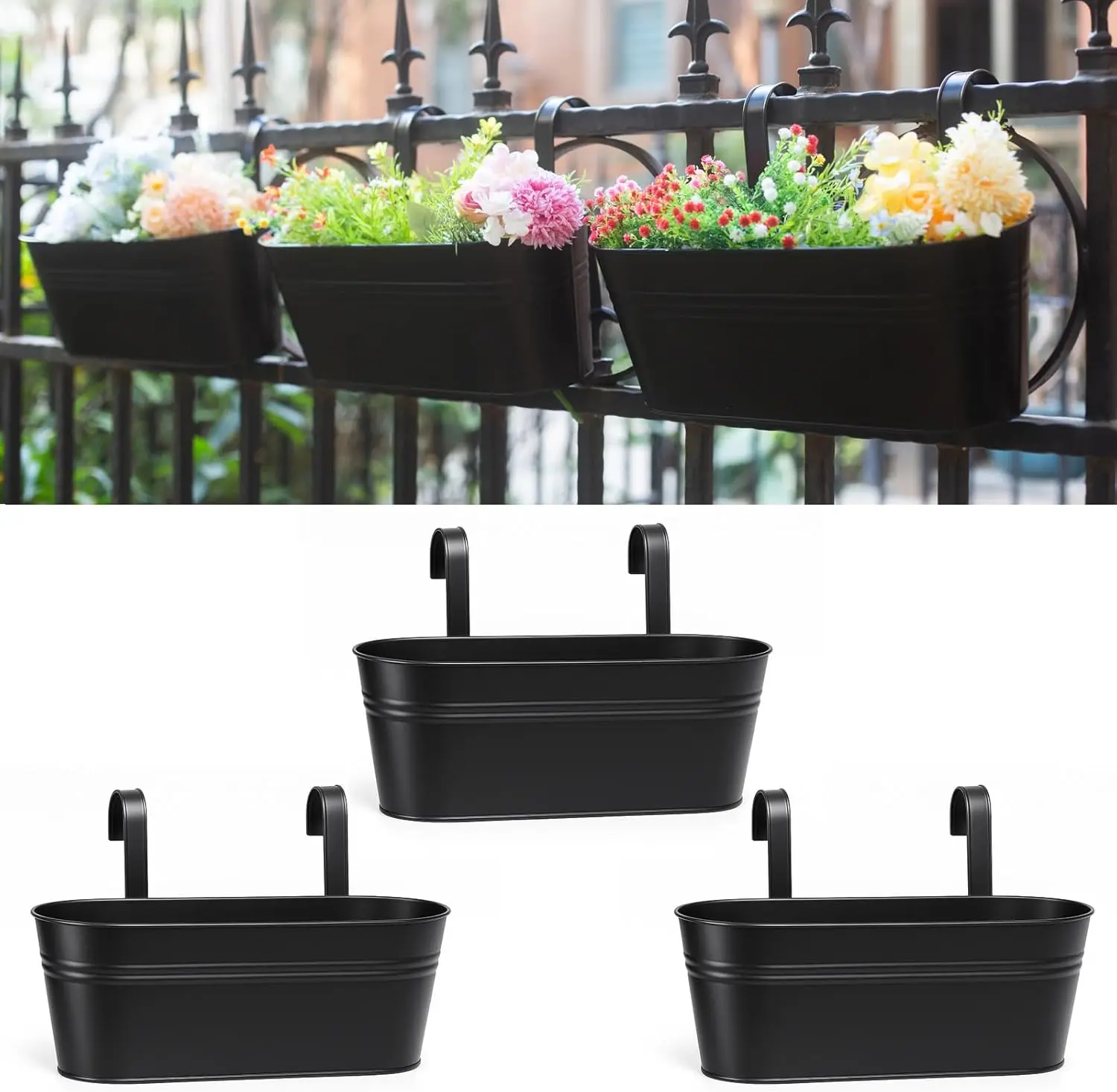 

16 Inch Metal Hanging Planters with Hooks for Balcony Fence Patio Deck, Set of 3 Black