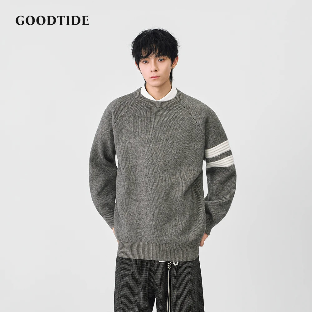 2025 Winter Fashion Men's Casual Crew Neck Sweater Stripe Sleeve Raglan Sleeve Knitted Pullover Soft Long Sleeve Jumper Top