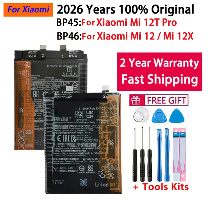 2026 Years 100% Original Phone Replacement Battery BP45 BP46 For Xiaomi Mi 12 Pro / Mi 12 / Mi 12X Batteries Bateria Fast Ship