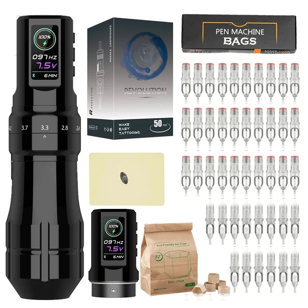Wireless Battery Tattoo Machine Pen Kits Cartridge Tattoo Needles Adjustable Stroke LED Digital Display
