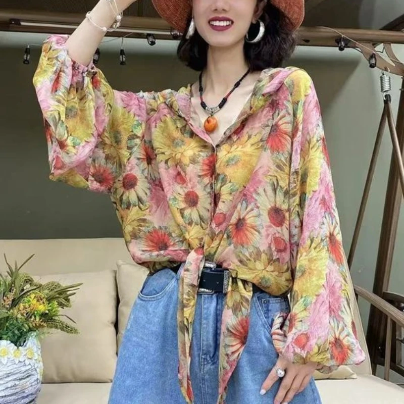 2024 Summer New Fashionable Style Sunflower Lantern Sleeves Shirt Women's Art Retro Oil Painting Loose Long Sleeved Sunscreen To