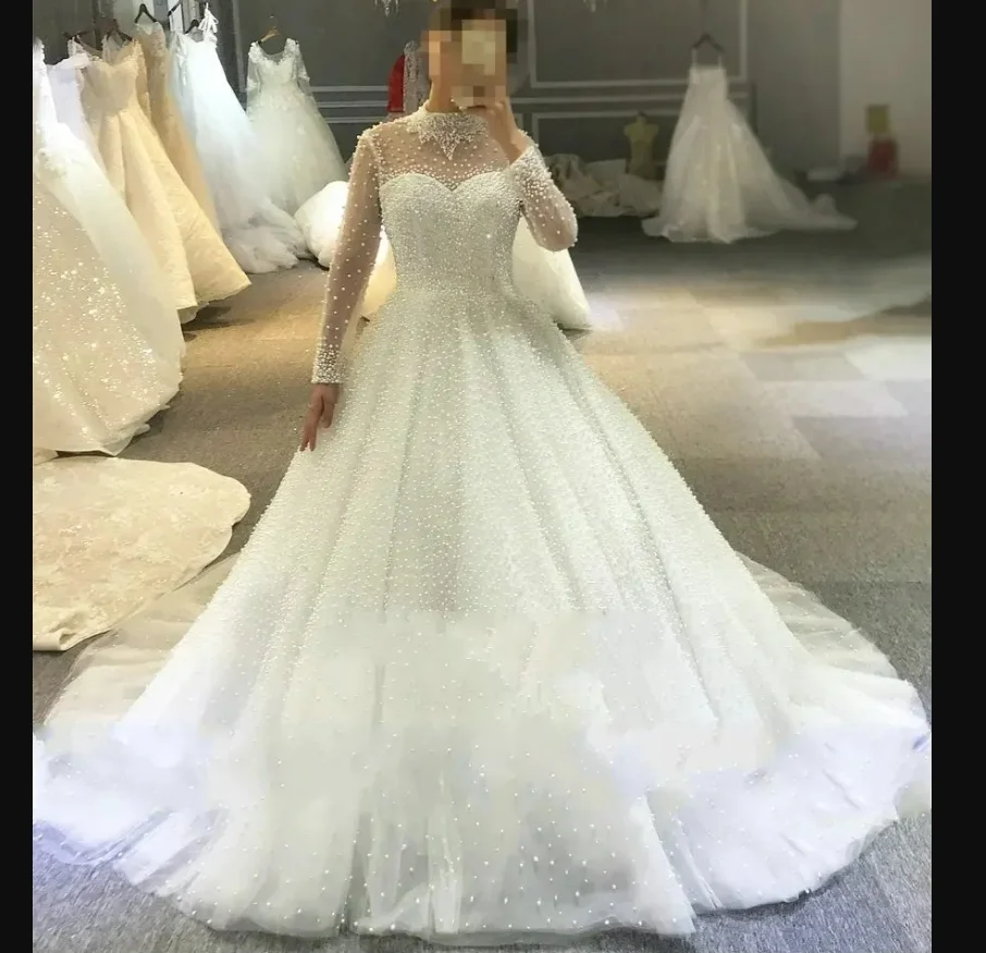 Customized High Collar  Shinny Full  Heavy Pearls A-Line Wedding Dress Vestido De Novia  Corset Back Long Sleeves  Bridal Gowns