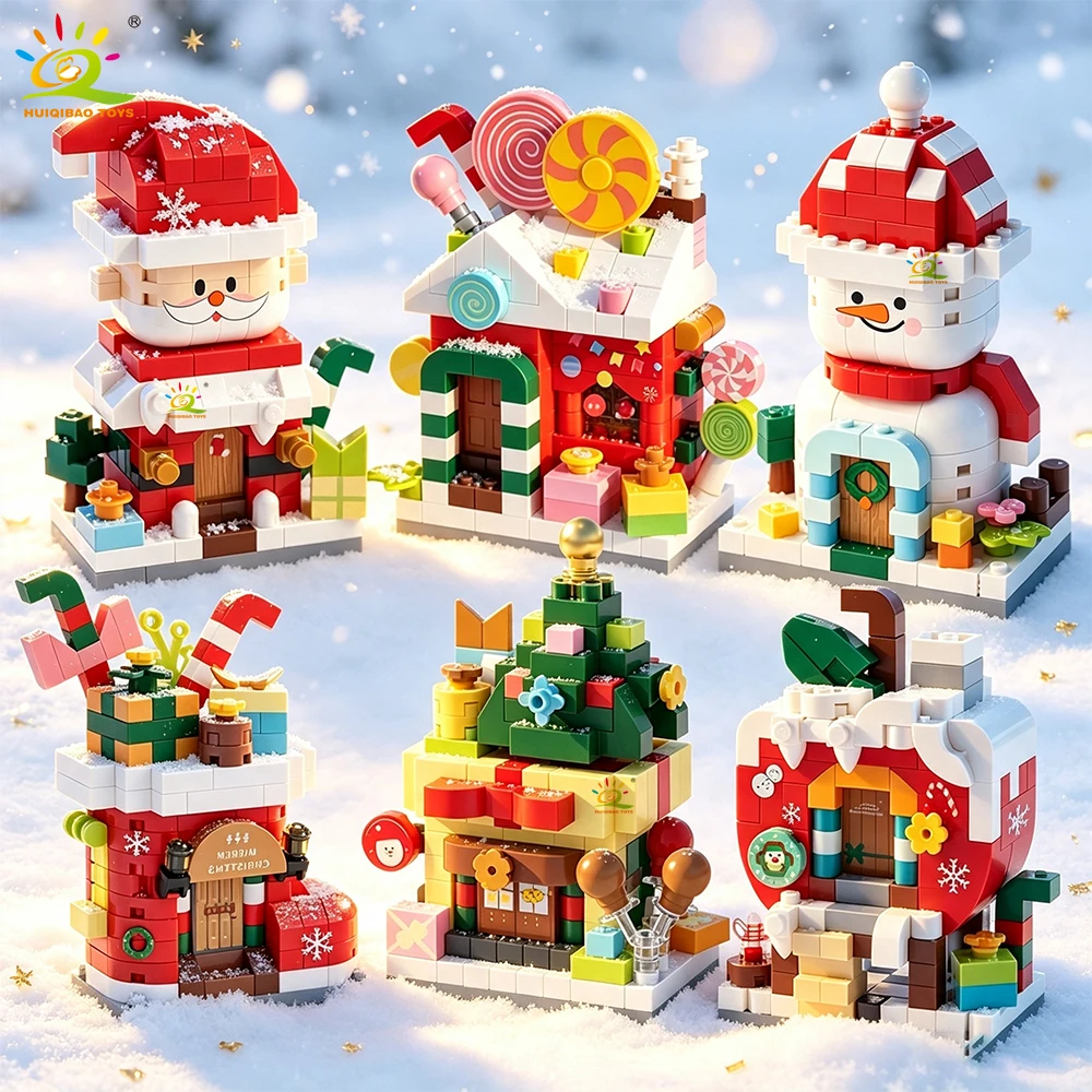 HUIQIBAO Christmas Mini Building Blocks Santa Snowman Xmas Tree House Bricks Set DIY Desktop Ornament Kids Xmas Decoration Gift
