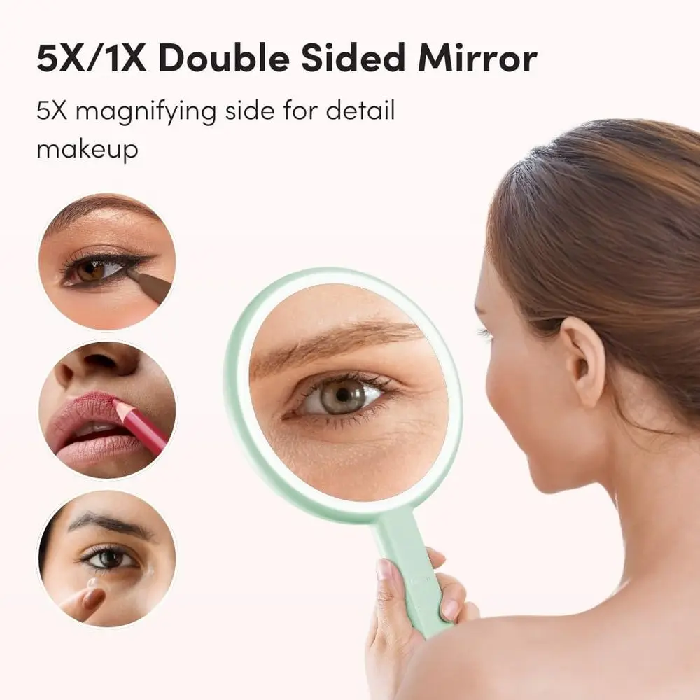 Miroir de maquillage LED portable, rechargeable, XL, grossissement 5X/1X, lumière 3 couleurs, portable ou vanité, pistache