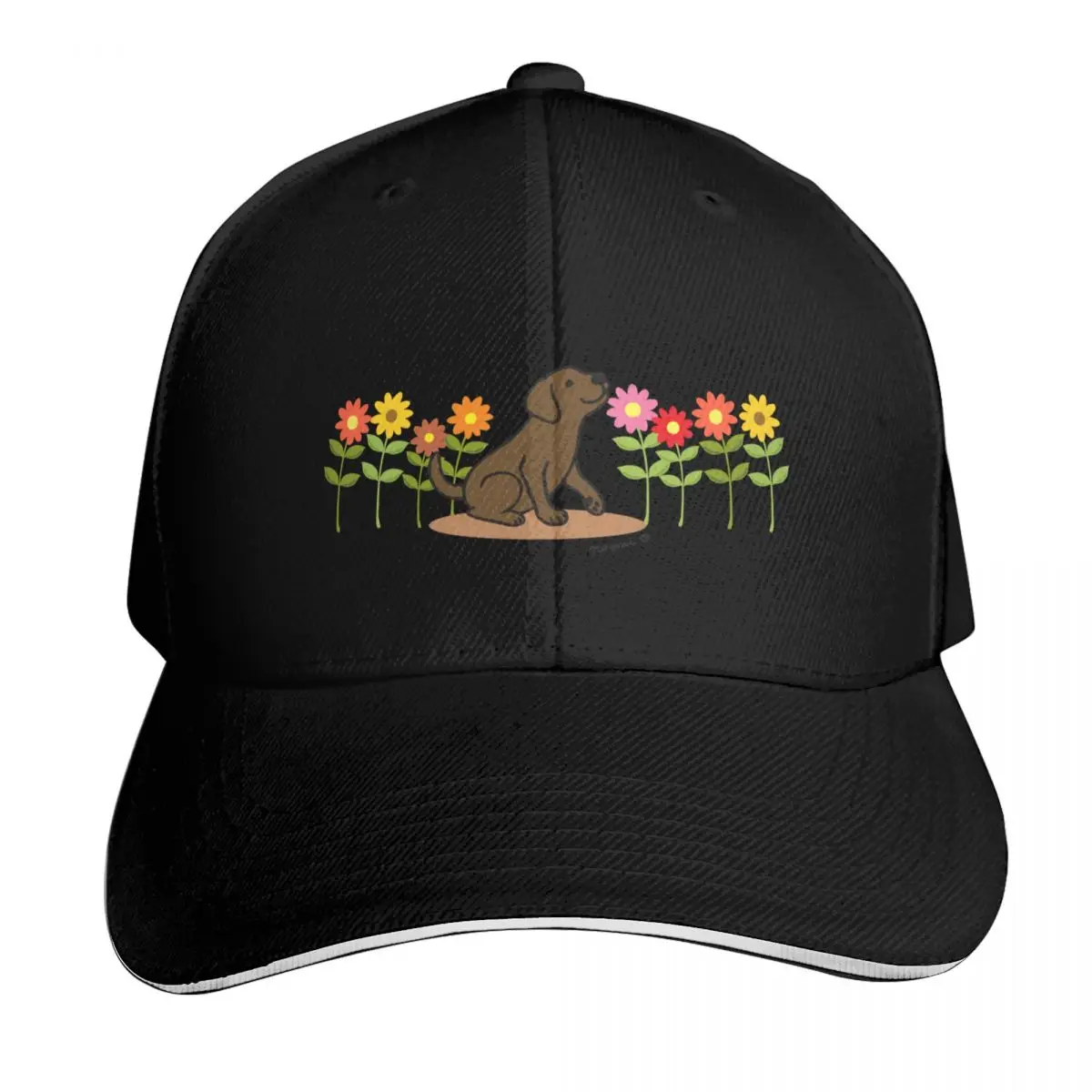 Chocolate Labrador Puppy and Flowers Baseball Cap Breathable Mesh Back Adjustable Buckle Closure Moisture Wicking Quick Dry