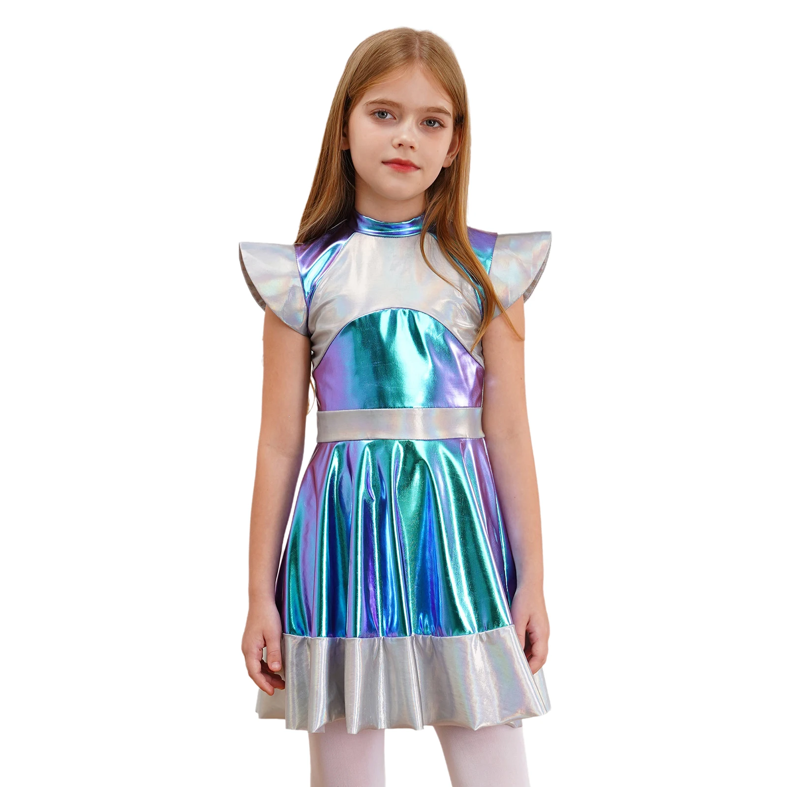 Kids Girls Halloween Alien Cosplay Costume Outer Space Cutie Costume Cap Sleeve Glossy Metallic Color Block Dress for Roly Play