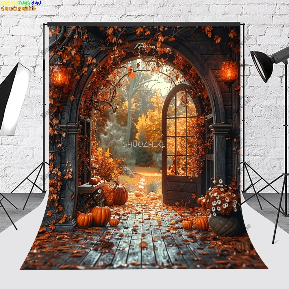 

Autumn Thanksgiving Day Photography Backdrop Fall Pumpkin Barn Harvest Halloween Day Party Baby Portrait Photo Background ZLQ-02