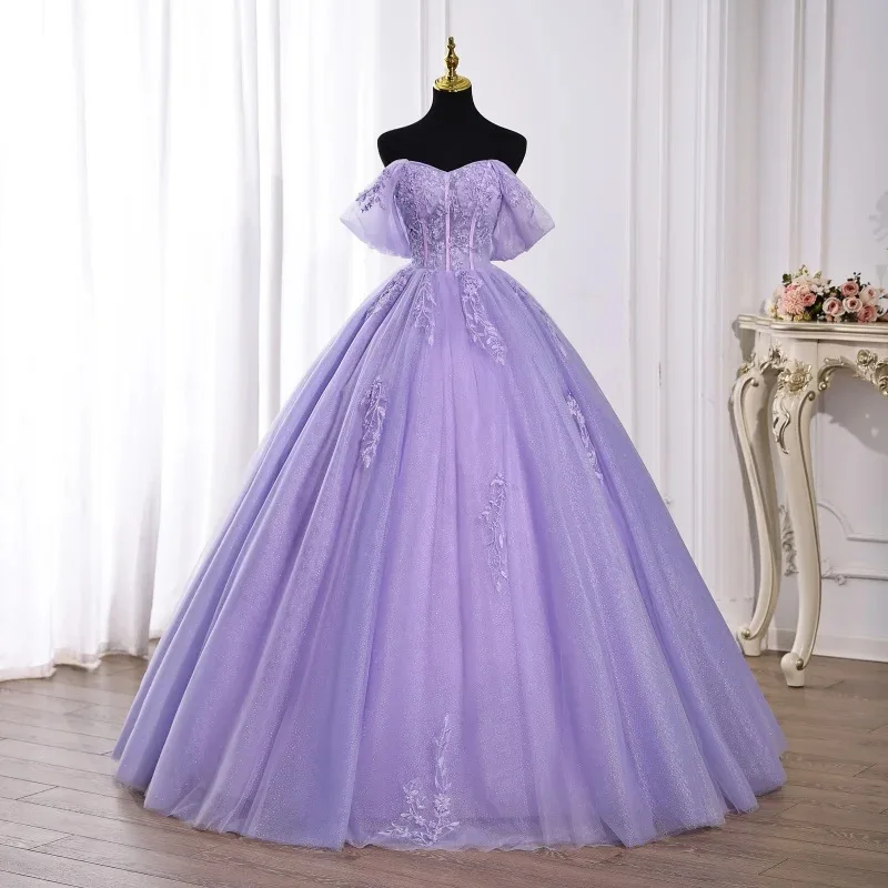 2026 New Women's Sexy Off-Shoulder Embroidered Purple Evening Gown Fashion Slimming Floor-Length Tie-Up Princess Dress