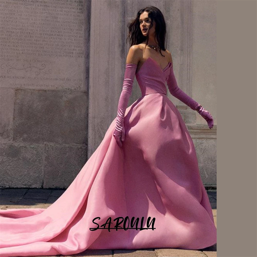 

SAROULU Modern Strapless Long Evening Dress for Women Sweetheart Court Train Hot Pink A-line Formal Prom Dresses for Party