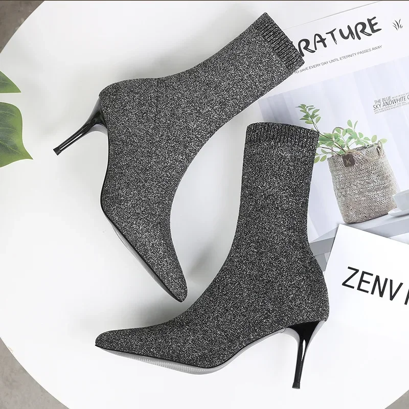 Sexy Sock Boots Knitting Stretch Boots High Heels for Women Fashion Shoes 2024 Spring Autumn Ankle Boots Female image 2