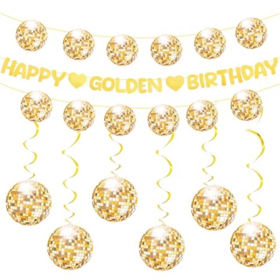 Golden Birthday Party Decorations Includes Happy Golden Birthday Banner, Disco Ball Banner and Hanging Swirls for Gold Party
