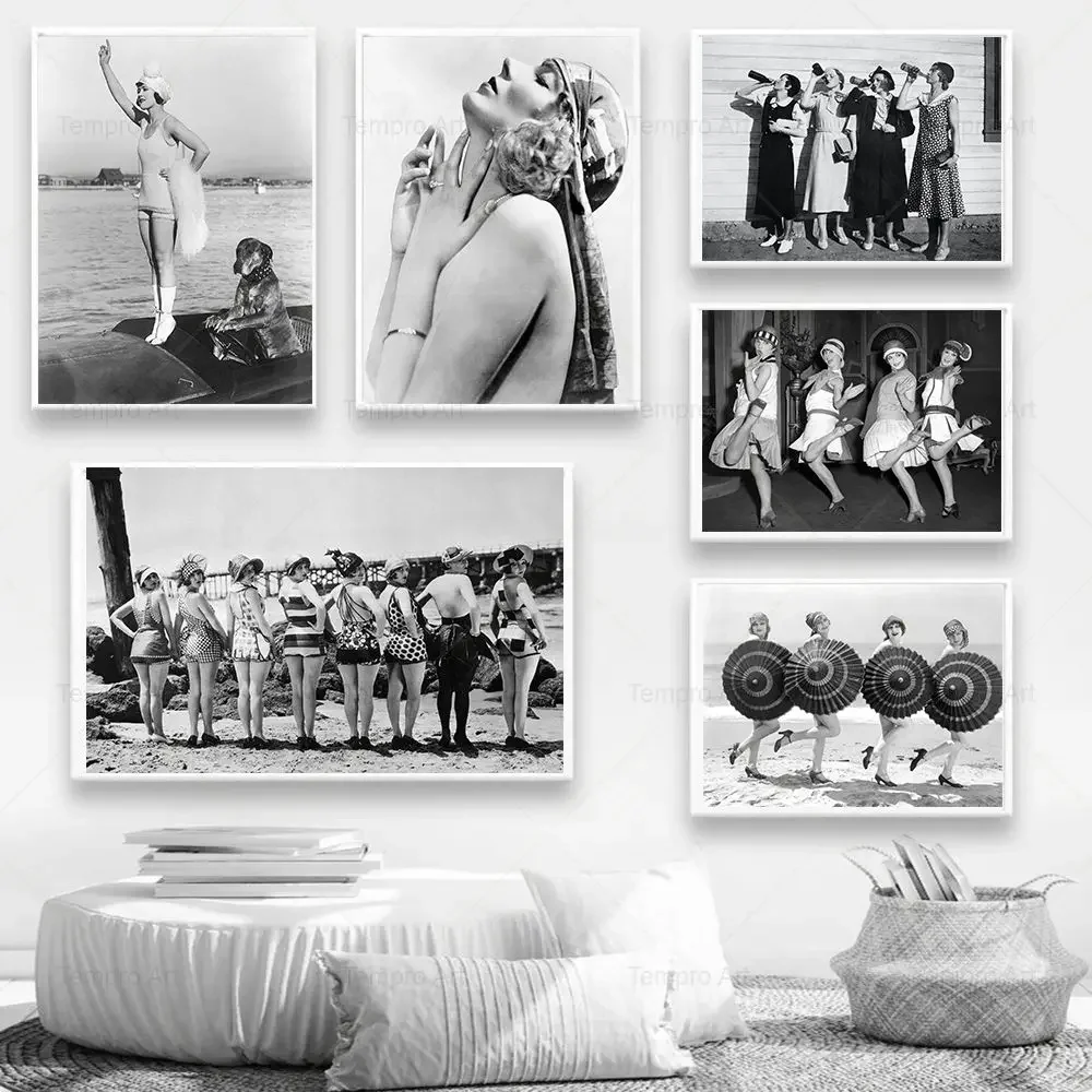 Vintage Beach Flapper Girls Drinking Print Canvas Painting Black And White Swimsuits Fashion Poster Room Home Wall Decor Gift