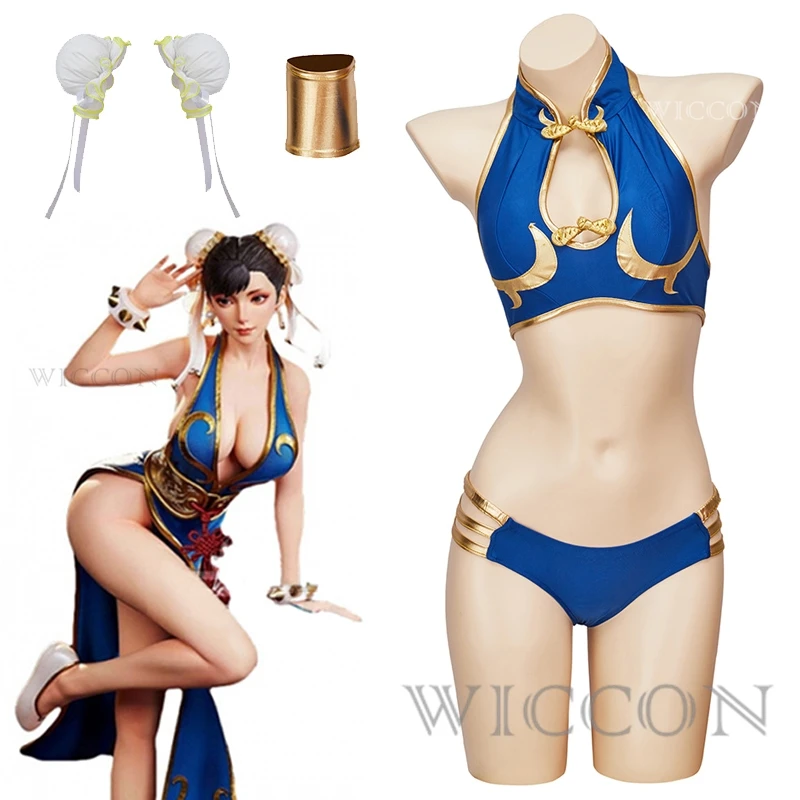 Chun Li Costumi Cosplay Blu Costume bikini sexy Gioco Uniforme Costume da bagno Copricapo Donna Halloween Party Outfit