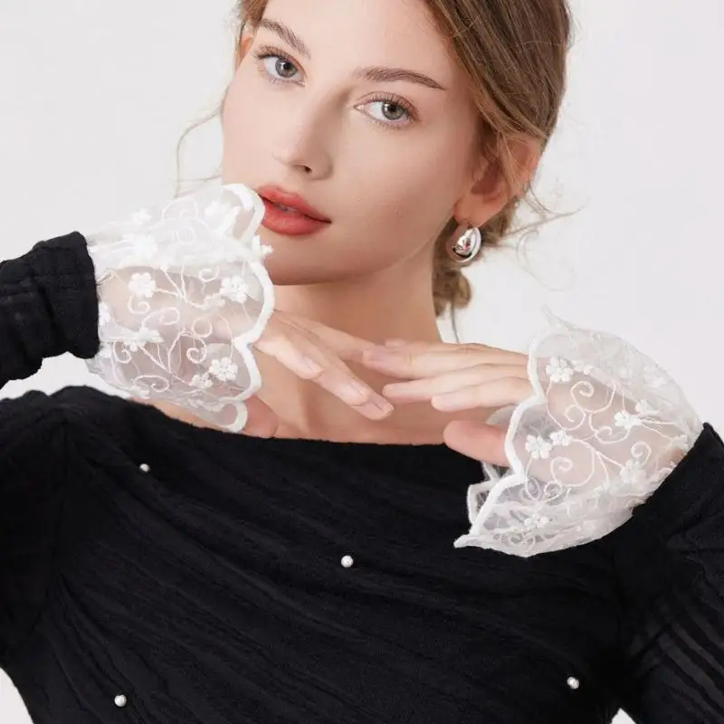 652F أغطية ذراع زهرة مطرزة متوهج الدانتيل الأكمام الزخرفية المعصم الكفة تمديد للنساء فتاة الزي تعزيز #3