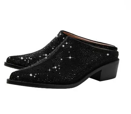 

Black Sliver Bling Rhinestone Patchwork Square Med Heels Slippers Women Fashion Pointed Toe Breathable Mules Shoes Drop Shipping