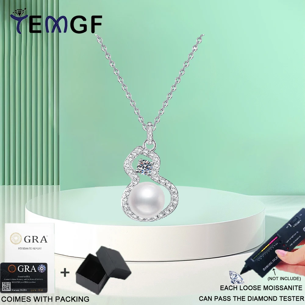 

TEMGF 925 Sterling Silver Necklace 3mm Moissanite 8.5mm-9mm Pearl Classic Calabash Pendant for Women Elegant Fashion Jewelry