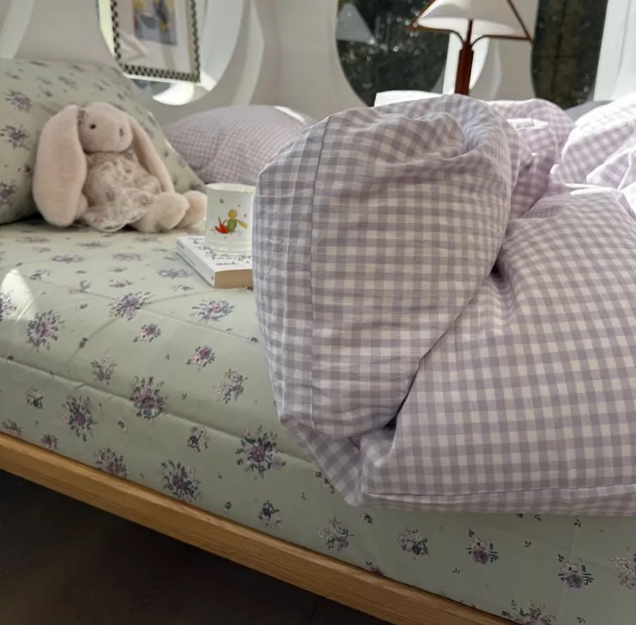 

Romantic sweet purple plaid flower bedding set,twin full queen king fairyfair cotton home textile sheet pillow case quilt cover