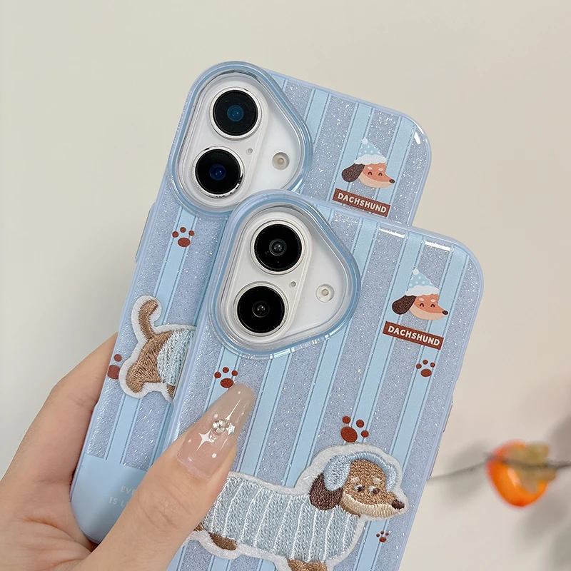 Cute Embroidered Puppy Glitter Bling Case For iPhone 16 15 13 14 Pro Max Hard Silicone Shockproof Phone Back Cover