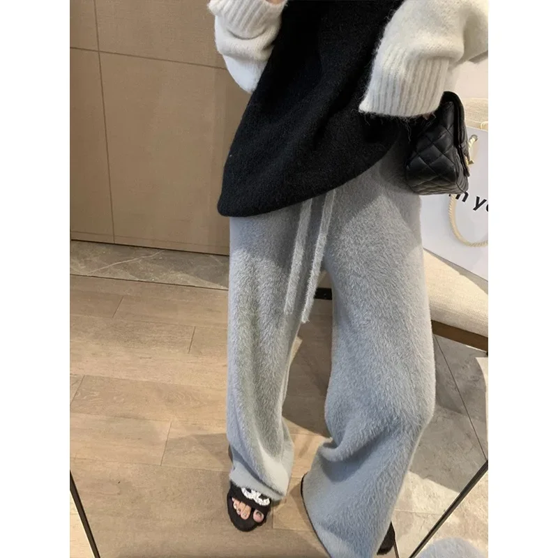 Korean Fashion Women's Wide Leg Pants Autumn Winter Plush Warm Knit Loose Casual Pants Y2k Sweatpants Women Streetwear