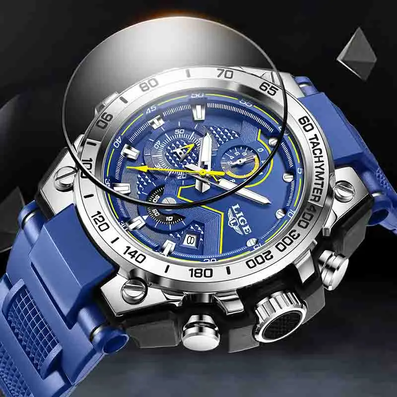 LIGE quartz Men's watches waterproof calendar Fashion clock luminous silicone tape sports watches for men relogios masculino+BOX