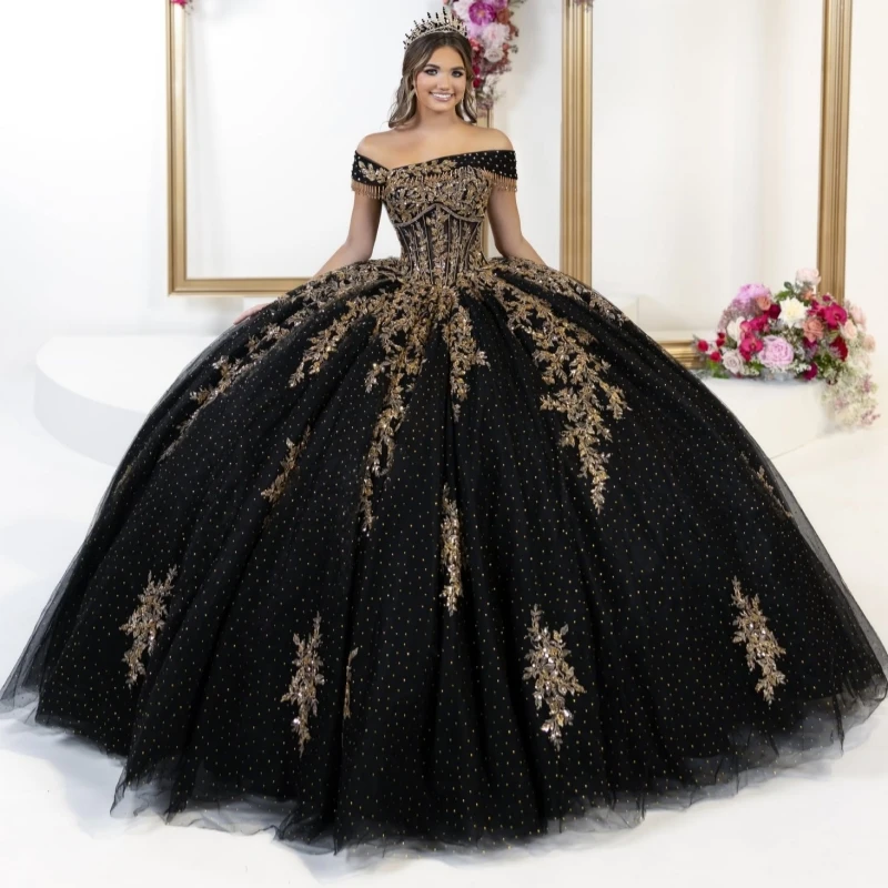 

Black Shiny Quinceanera Dresses Off The Shoulder Applique Lace Beading Crystal Tull Corset Party Birthday Sweet 16 Dres Vestidos