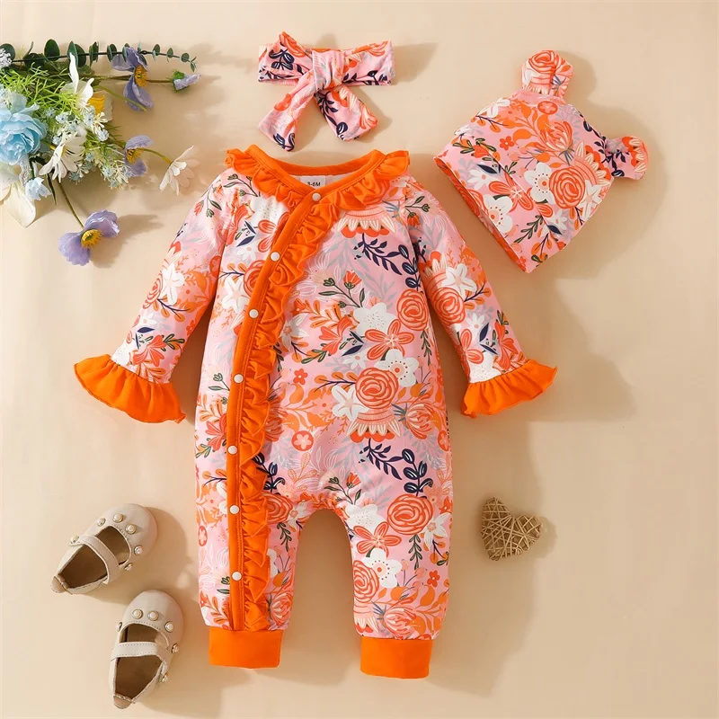 Newborn Infant Baby Girl Footed Jumpsuit Ruffle Footies Cotton Romper with Headband