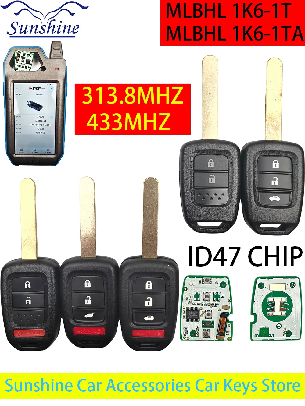 

2pieces ID47 PCF7961Chip Remote Key 2/3/4 Buttons Car Key For Honda 2013-2015 CRV 2013-2017 Accord Civic Fit MLBHLIK6-1T