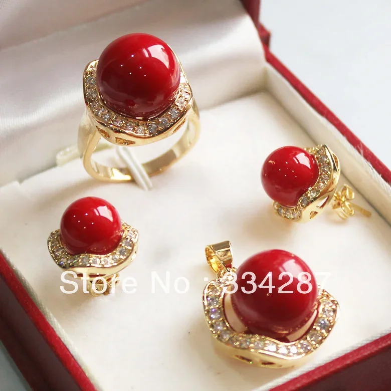 New Listed!Free shipping Red South Sea Shell Pearl Ring Pendant Earring Jewelry Set