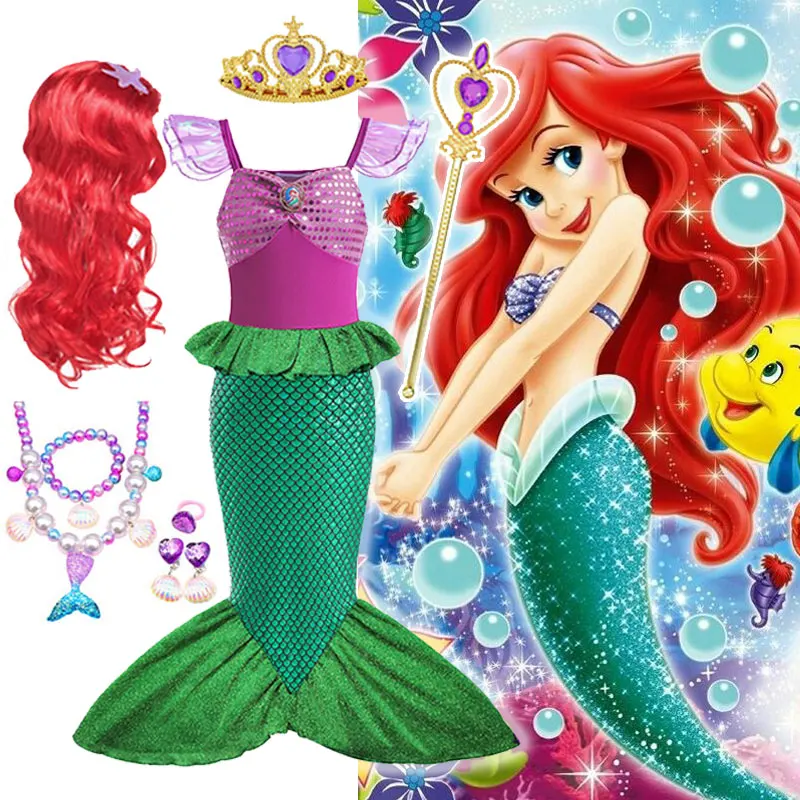 Disney Children Mermaid Tail Swimsuit Girl Beach Clothes Bikini Wreath Bathing Suit Set Swimming Party Cosplay Mermaid Costume