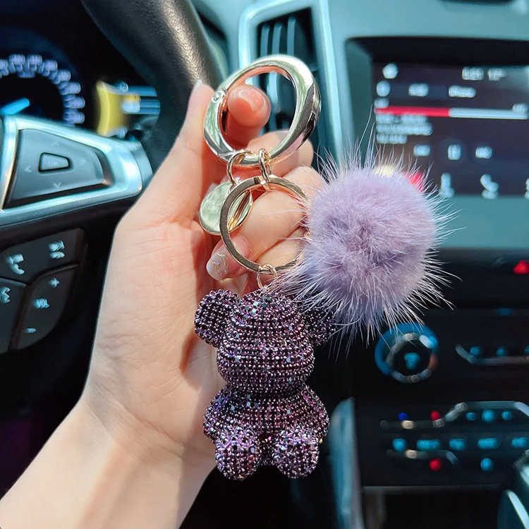 Neuer Modischer Voll-Diamant-Sitzender-Bär-Schlüsselanhänger Kreativer Nerzhaar-Autoschlüsselanhänger Niedlicher Taschenanhänger Geschenk – Detail 6