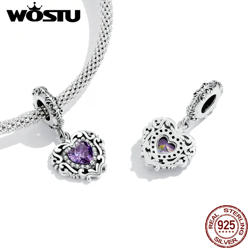 WOSTU-Dreamy Purple Charms Coração para Mulheres, 925 Sterling Silver, Cadeia de Segurança, Espaço Jóias, Beads, Fits Original Pulseira, Pulseira DIY