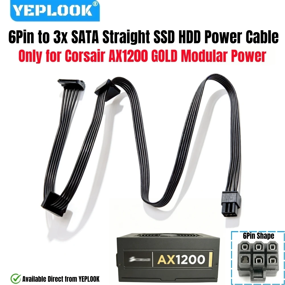 

6Pin to 3 SATA Male Angle for Corsair AX1200 1200W GOLD, HDD SSD Power Cable for Corsair Professional Series AX1200 Gold Modular