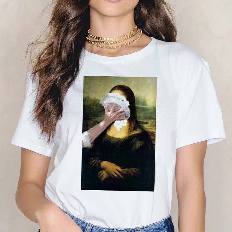 Mona Lisa Drinking Beverages Printed Tshirt Summer Breathable Casual T Short Sleeves Streetwear T-shirt Fashion Women Clothes