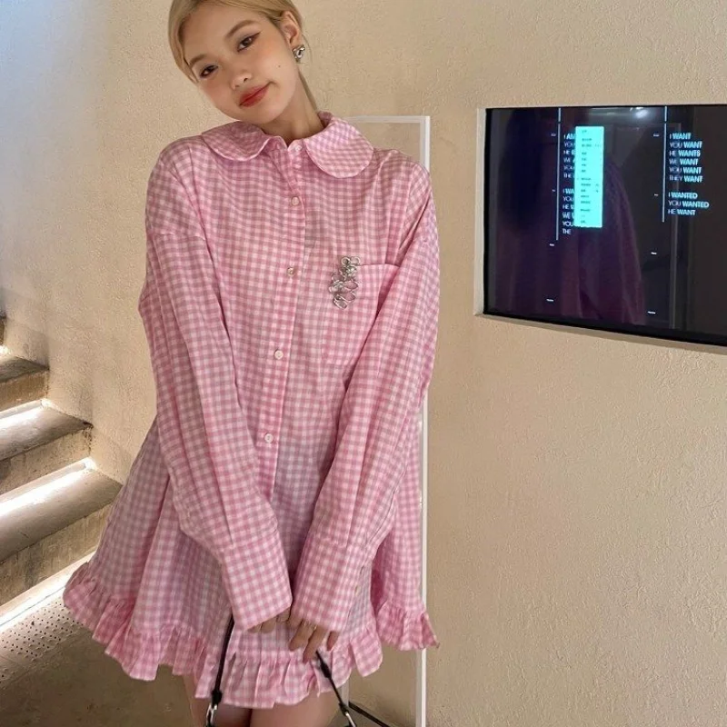 Sweet Pink Loose Shirt Tops Spring Autumn New Long Sleeve Plaid Ruffled Youth Blouse Fashion Street Casual Women Clothing S-2XL