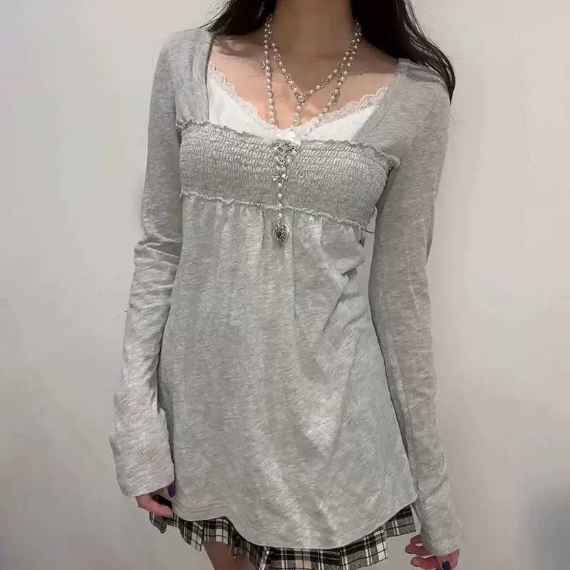 American Retro Women T Shirt Square Neck Knit Long Sleeve Top Lace Trim Slim Fit Y2K  Harajuku Coquette Aesthetic Casual Tee