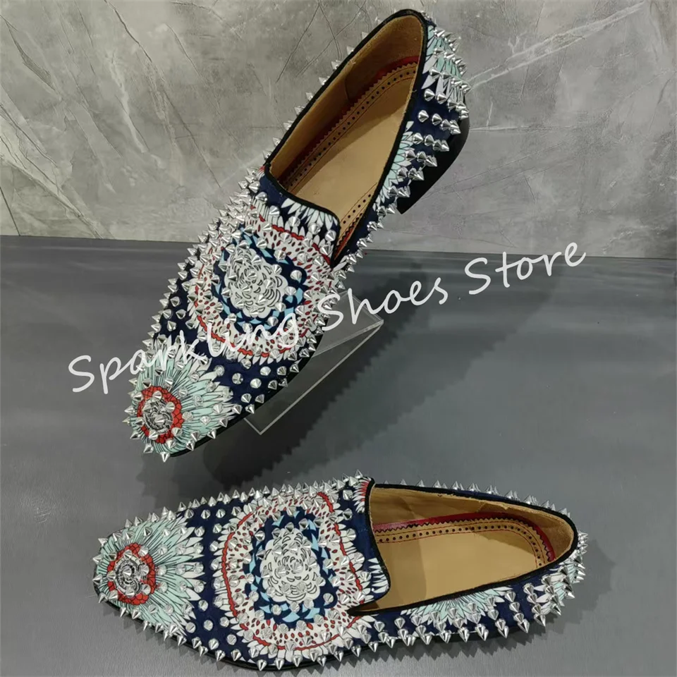 

Punk Rivet Decor Chunky Heel Loafers for Men Mixed Color Graffiti Prints Leather Breathbale Derby Shoes Male Dress Oxfords