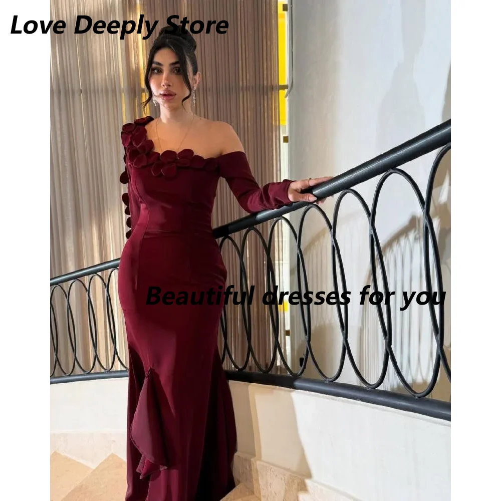 Robe de soirée bordeaux pour femmes, élégante, épaules dénudées, fleurs, longueur cheville, robe de bal sirène, manches longues, robe formelle personnalisée