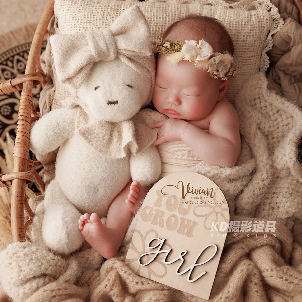 Kit di oggetti di scena per fotografia neonatale marrone rilassante, fascia per cuscino avvolgente elasticizzato, bambola per orsacchiotto, studio per decorazioni per scene fotografiche per bambini