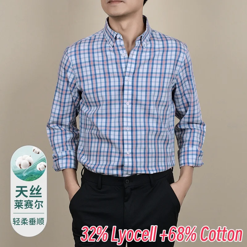 Lyocell 32% Mannen Zakelijke Overhemden 2025 Lente Casual Gestreepte 68% Katoenen Tops Lange Mouw Mannelijke Klassieke Plaid Formele Shirts