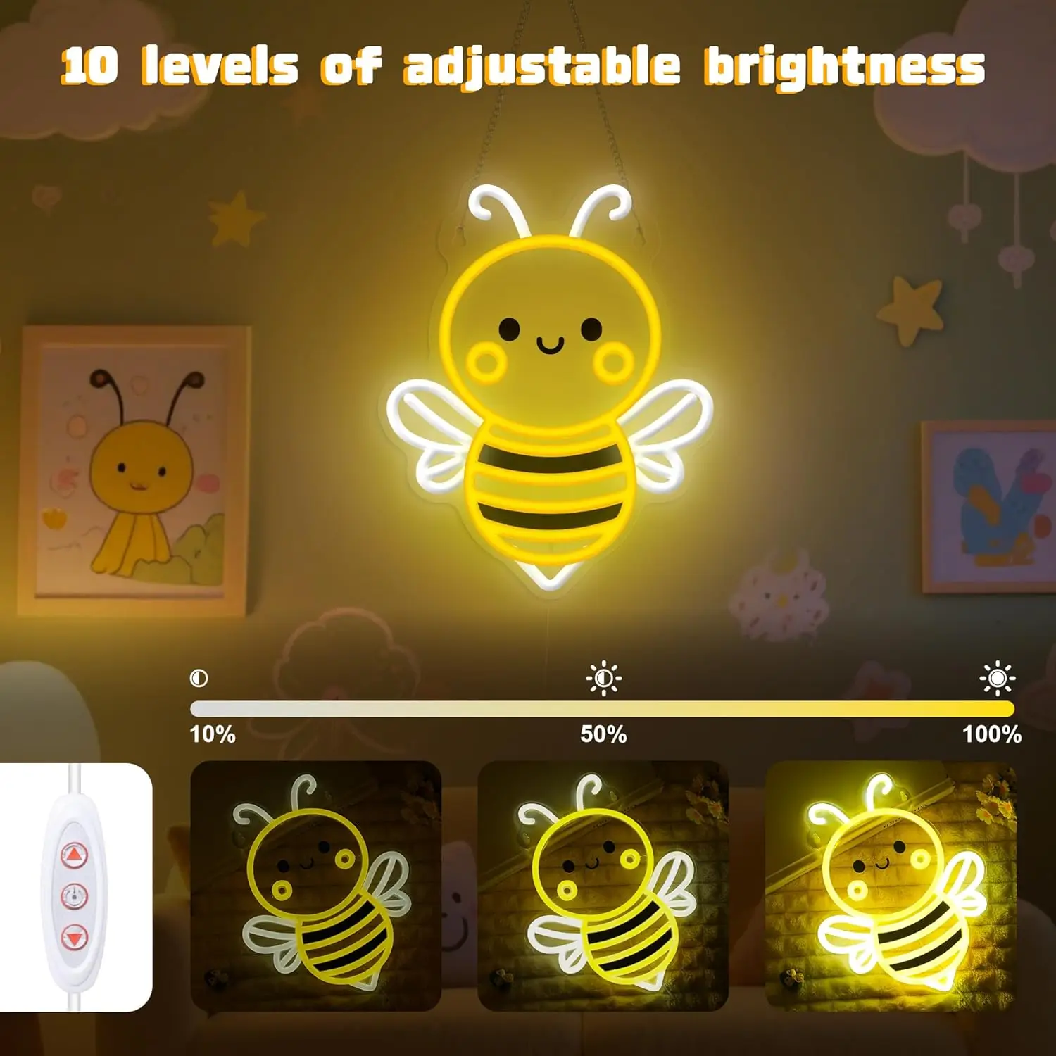 Cute Bumblebee Cartoon LED Neon Sign Light Dimmable for Nursery Kids Room Wall Decor Birthday Party Gift Sweet Honey Theme Lamp - view 2