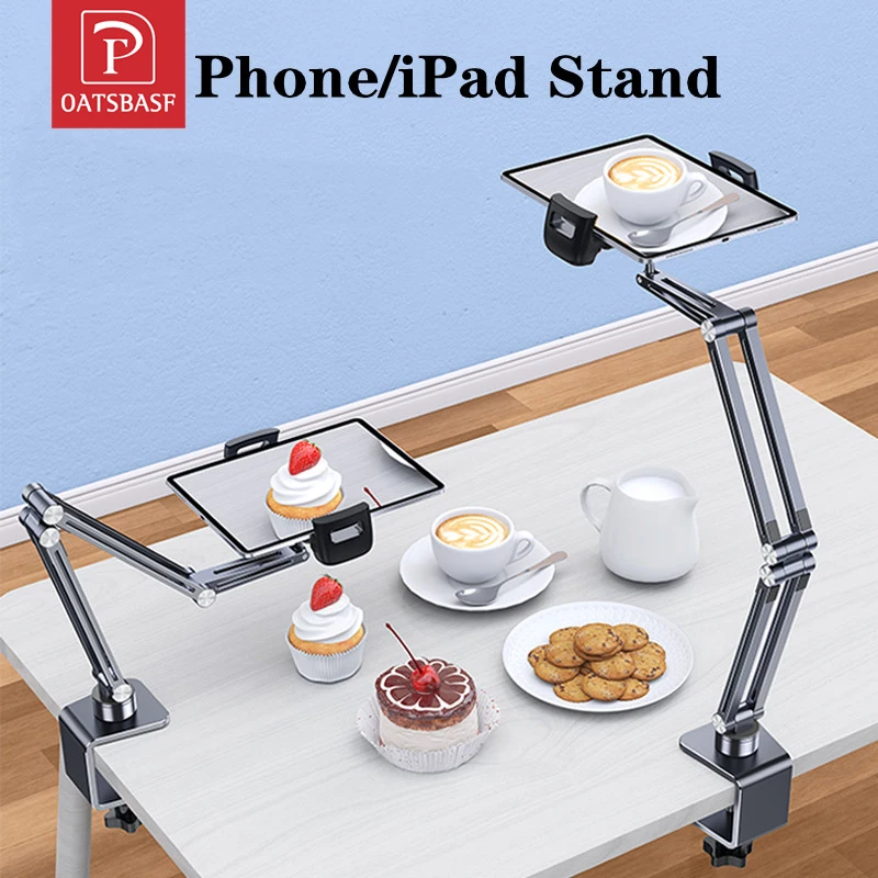 

Oatsbasf Aluminum Desktop Tablet Stand Clamp Long Arm Bed Lazy Bracket Multi-angle Live Desk Mount For Phone iPad 4-12.9''
