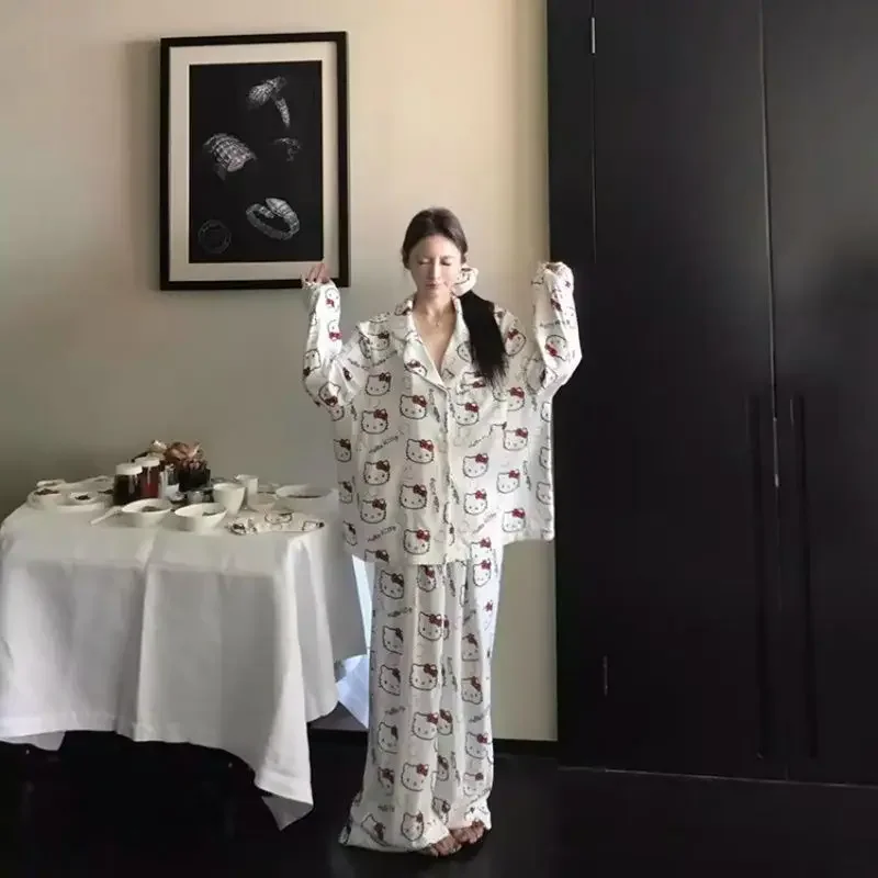 Kawaii Sanrio Hallo Kitty Frauen Nachthemd Sommer Nette 2Pcs Pyjamas Anzug Anime Eis Seide Homewear Set Cartoon Mädchen Hause kleidung