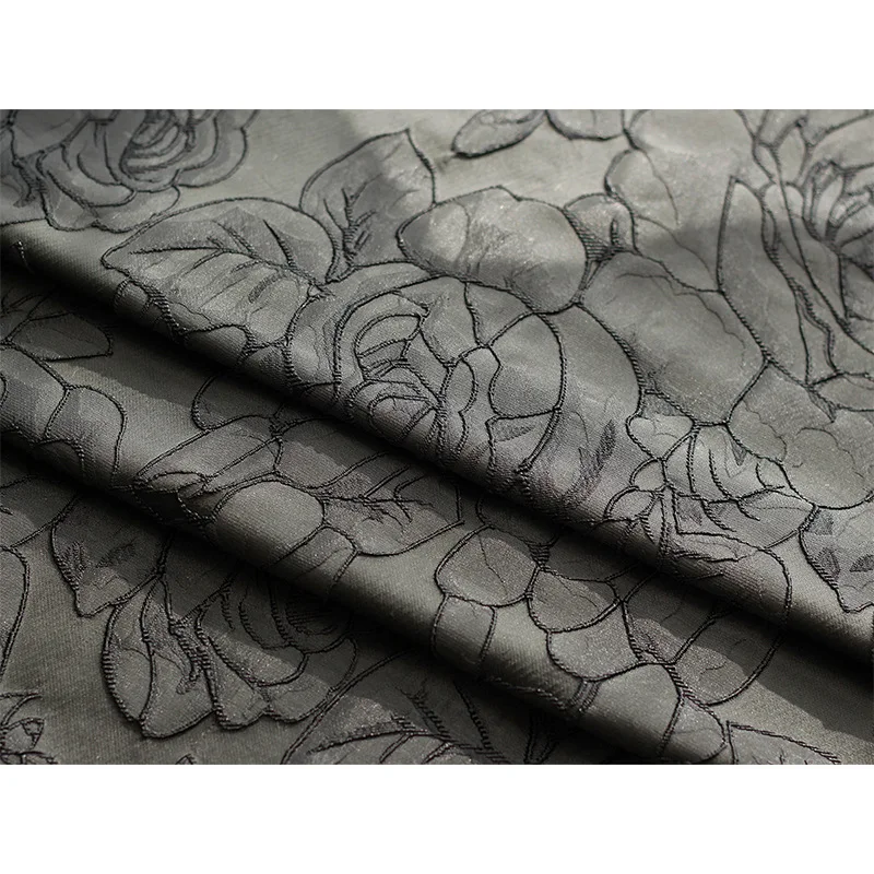 Black Embossed Large Flower Yarn Dyed Jacquard Fabric Spring Summer Luggage Bag Skirt Dress Making Fabric 50cmx140cm