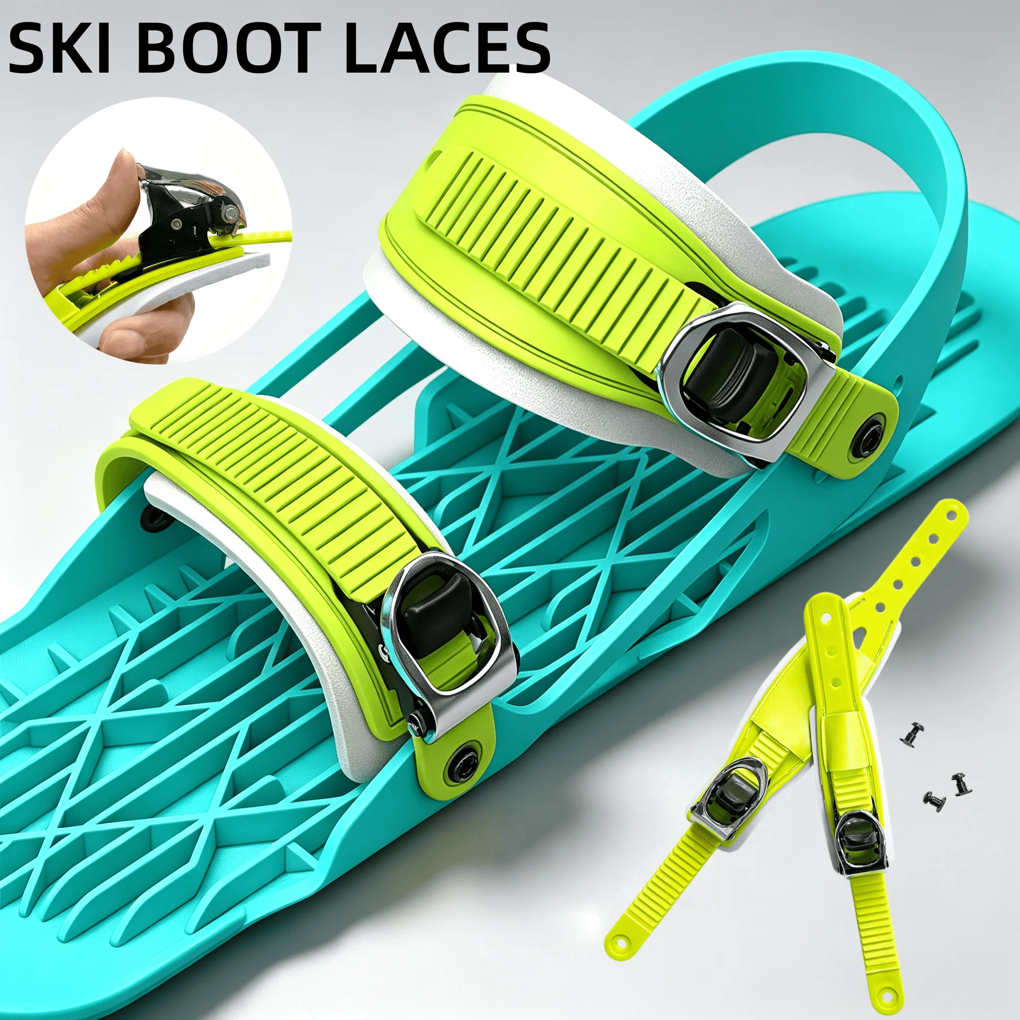 Colored  Adjustable Ski Strap Binding Attachment for Multiple Occasions With Ratchet Tongue Ladder to Secure Shoelaces