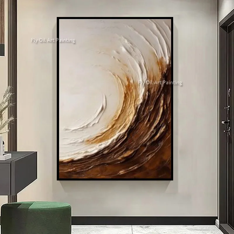 Handmade Earth Tone Swirl Relief Wall Art 3D Sculpture Texture Oil Painting Minimal Wabi Sabi Corridor Vertical Wall Hanging Art