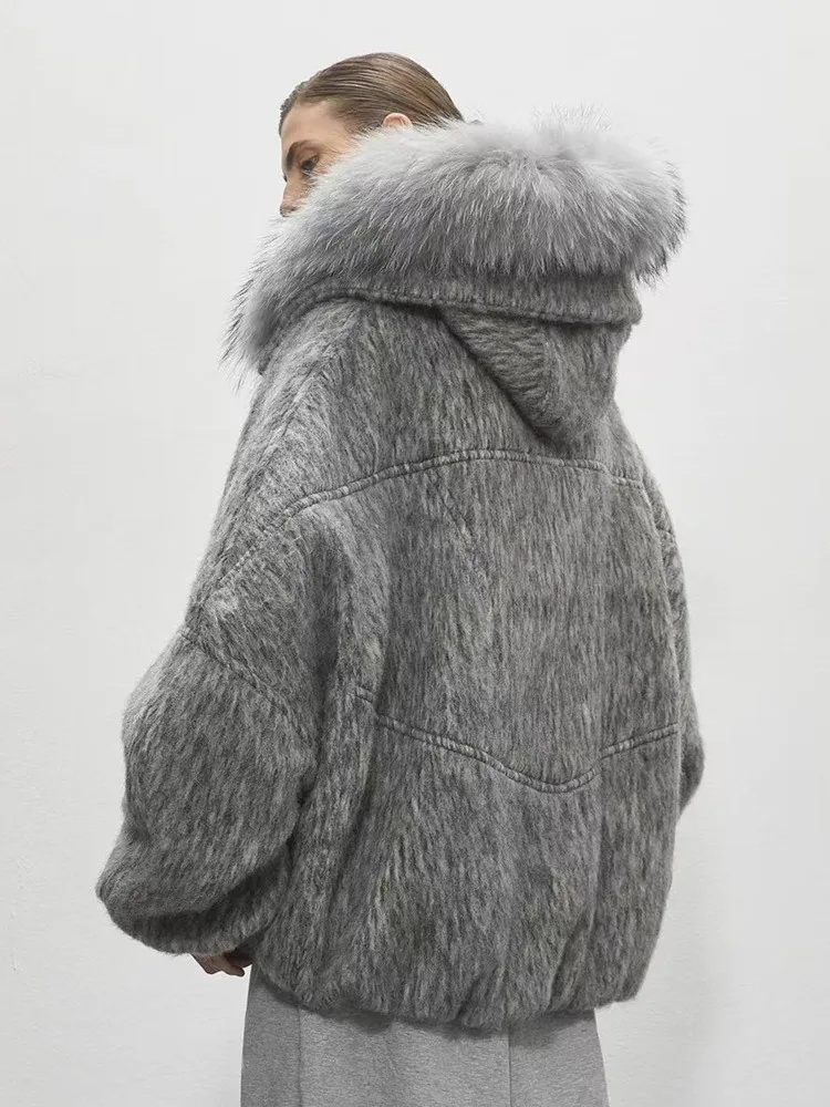 ZMEENNA المرأة مزيج الصوف معطف قصير المتضخم الفراء طوق المحاصيل سترة كاملة الأكمام الدافئة الفاخرة موضة ملابس خارجية ZM4590